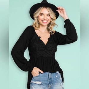 Knit Top with Crochet Lace and Built-In Bra in Black